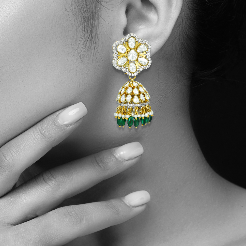Floral Polki Jhumkis with Emerald Beads and Pearl Drops